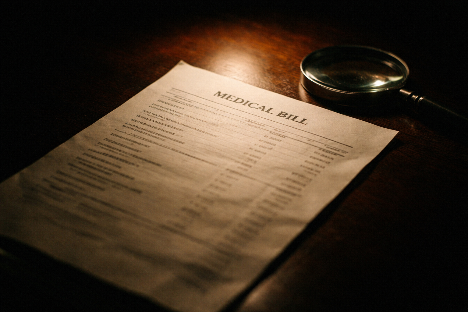 Medical bill under magnifying glass on dark desk