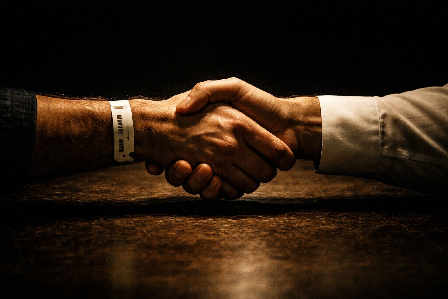 Two hands shaking, one with patient wristband