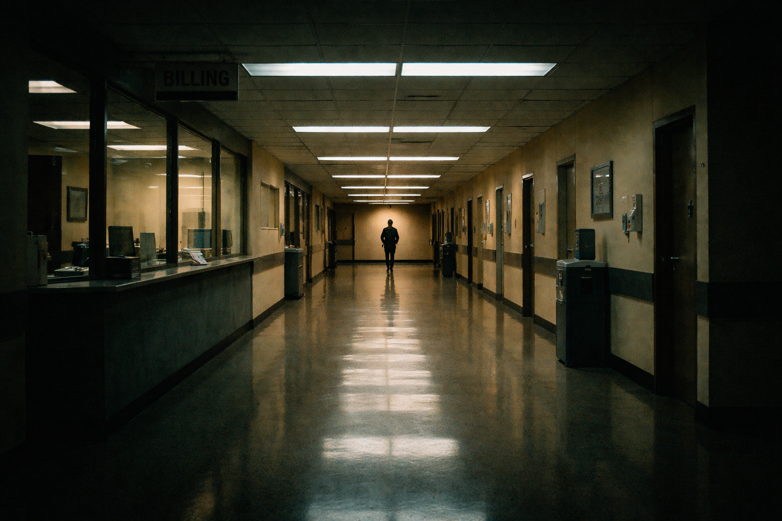 Empty hospital corridor at night